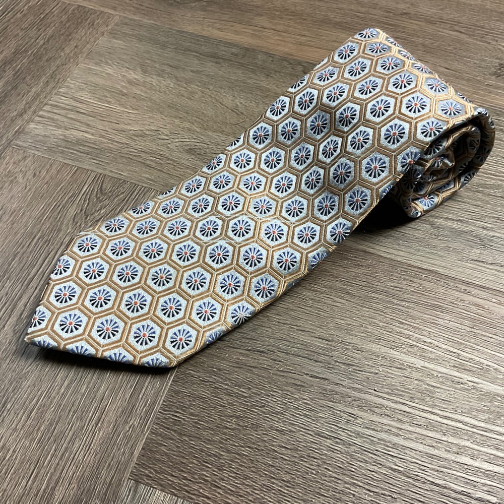 Vintage Ermenegildo Zegna 100% Silk Italy Geometric Woven Tie Blue Gold Orange